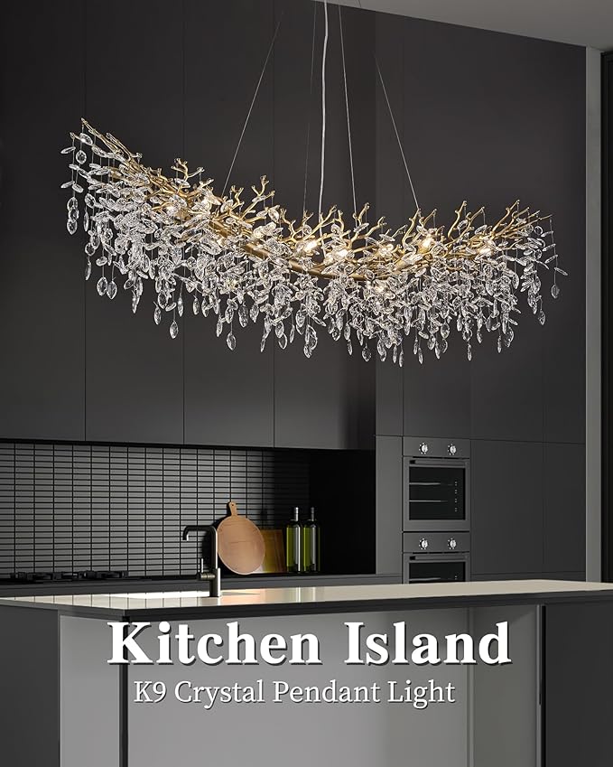 Modern Crystal Chandelier for Dining Room, 16-Light 63" Gold Tree Branch Chandeliers, Luxury K9 Crystal Rectangular Chandeliers for Kitchen Island Living Room