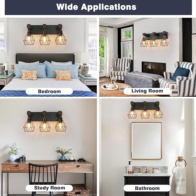Farmhouse Bathroom Vanity Light Fixtures, 3-Light Wood Bathroom Light Fixtures Over Mirror, Rustic Sconces Wall Lighting with Elegant Metal Lampshade for Living Room, Bedroom, Hallway