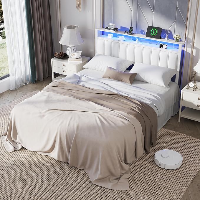 Furnulem White Queen Bed Frame with Charging Station & Led Lights, Pu Leather Upholstered Headboard W/ 2-Tier Storage Shelves, No Box Spring Needed, Metal Slat Support, Solid And Stable, Easy Assembly