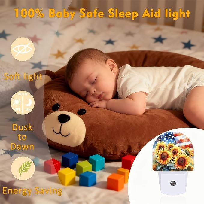 American Flag with Sunflowers Night Light, Dusk-to-Dawn Auto Sensor Plug in Night Light for Kids, 0.5W Energy Saving LED NightLights for Bedroom/Bathroom, Ideal Gifts for Women Men