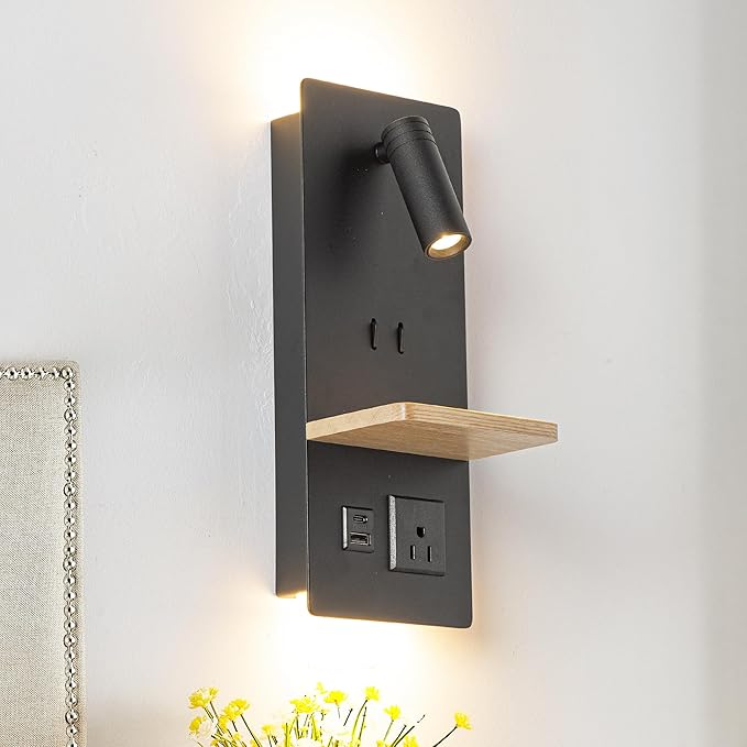Swing LED Wall Sconce Plug in Cord for Bedroom, Modern 3-light Wall Light fixture with Shelf, charging port and Scoket for Living Room Reading Bedside, Modern Night Light Wall Decor, Black