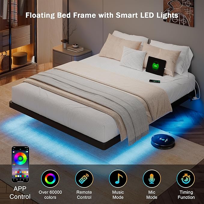 Full Size Floating Bed Frame with LED Lights and Charging Station, Metal Platform Bed Frame with Heavy Duty Steel Slats Support, Noise-Free, No Box Spring Needed, Easy Assembly