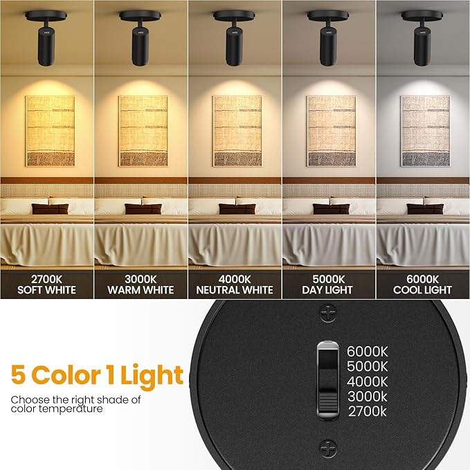 5CCT Flush Mount Ceiling Spot Light Black 15-60° Zoomable 10W Dimmable, 2700K-6000K Adjustable LED Ceiling Spotlight Indoor Directional Lighting for Living Room Bedroom Kitchen, Pack of 2