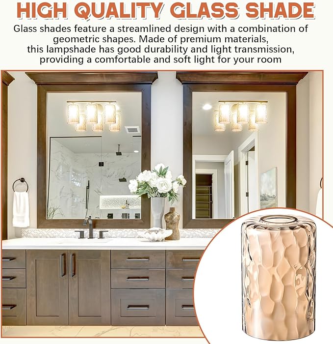 6 Pcs Amber Hammered Glass Shade Replacements for Pendant Light Fixtures Glass Lamp Shade Cover, 1-5/8 Inch Fitter E26 Base, 4"w x 6"h, Replacement Lamp Globe for Chandelier Wall Sconce