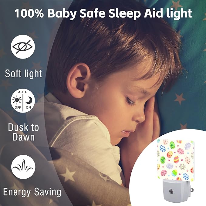 Colorful Easter Eggs Night Light, Happy Easter Dusk to Dawn Night Light Plug in,0.5w Energy Saving Sleep Friendly NightLight for Kids Boys Girls Home Decor