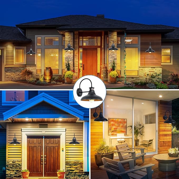 2 Packs Motion Sensor Outdoor Barn Lights - Dusk to Dawn Farmhouse Gooseneck Barn Light, 12in Large Black Porch Light Fixture Wall Mount, Exterior Wall Lighting Fixture for Garage Patio Doorway