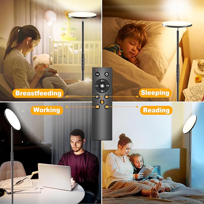Super Bright Floor Lamp for Living Room, Stepless Dimmable LED Standing Lamp with Remote and Touch Control, 69” Tall Torchiere Corner Lamp for Bedroom Office Hotel, Black