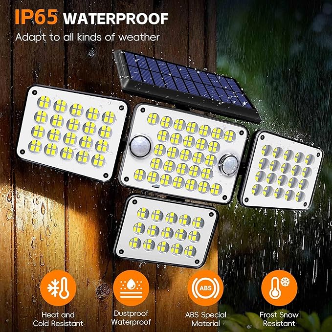 Solar Lights Outdoor 336 LED, Motion Sensor Security Wall Light with Remote, Split 4-Head Adjustable Design, 2400mAh Battery, Waterproof IP65 Garage, Driveway, Garden, Courtyard Lighting（1Pack