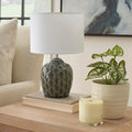 Nourison Home 13" Mini Grey Carved Motif Ceramic Table Lamp for Bedroom, Living Room, Console, Entryway