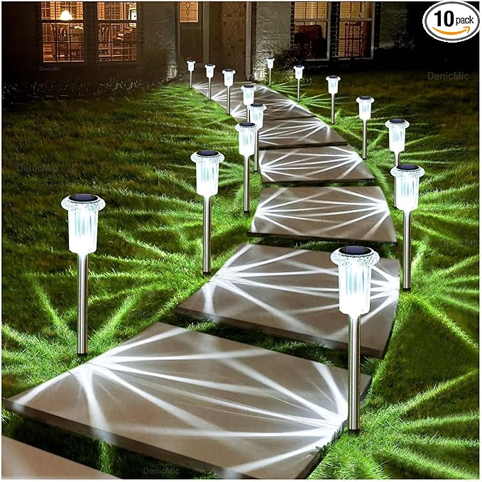 DenicMic Solar Lights Outdoor 15 Pack Waterproof 6000K Cold White LED Stainless Steel Stake for Pathway Yard Garden Driveway Solar Powered Outside Decor