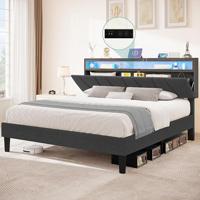 YITAHOME Queen Size Upholstered Bed Frame, LED Bed Frame with Storage Headboard, Platform Bed with Outlet & USB Ports, No Box Spring Needed, Easy Assembly, Grey