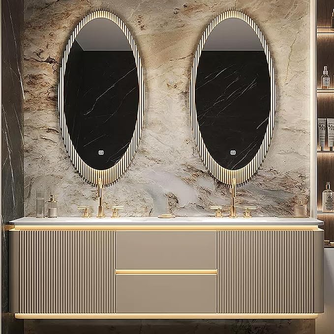 Double Sink Bathroom Vanity - 2 Smart LED Defog Mirror | Ambient Lighting & Striped Door Panel & Multilayer Wood Board, Floating Freestanding Bathroom Vanity (60'')