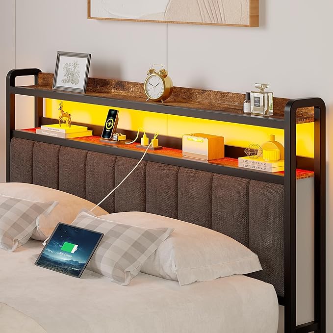VECELO Full Size Bed Frame with LED Lights and Bench, Upholstered Headboard Bed Frame with Storage & USB Charging Station, Sturdy Metal Frame, No Box Spring Needed, Grey