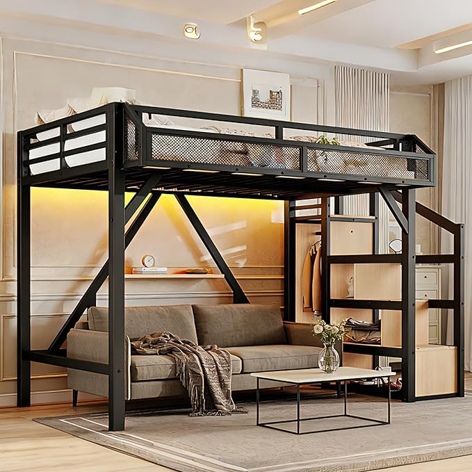 Bellemave Twin XL Loft Bed Frame with Storage Stairs, Beside Shelf & Wardrobe, Metal Loft Bed Twin XL with USB Ports & LED Light, Large Under-Bed Space Loft Beds for Adults, Teens, Kids, Black Natural