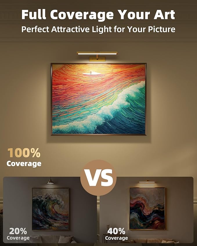 EZVALO Picture Light for Wall, 4800mAh Rechargeable Wireless Remote, 16'' Dimmable Magnetic LED Art Display Light with 3 Color Temperatures, for Gallery, Living Room, Bedroom, Hallway (Gold-2Pack)