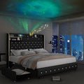 Queen Led Bed Frame with Galaxy Aurora Star Projector, Platform Beds with Charging Station, 52" Diamond Upholstered Wingback Bedframe with 2 Storage Drawers, No Box Spring Needed, PU Black