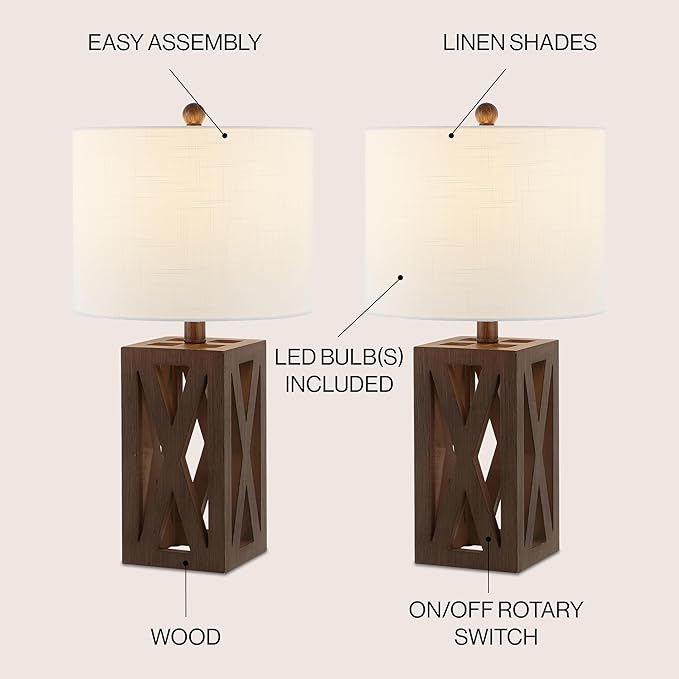 JONATHAN Y JYL1062A-SET2 Stewart 21.5" Wood LED Table Lamp Farmhouse, French Country, Rustic, Bohemian, Bedroom, Living Room, Office, College, Bookcase, Brown (Set of 2)