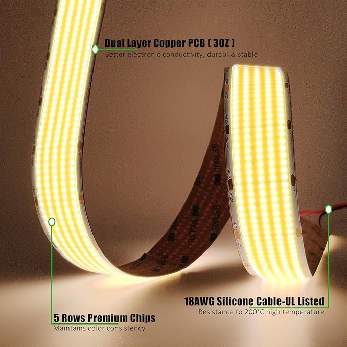 JOYLIT 30MM Wide COB LED Strip Lights 24V Warm White 3000K 16.4FT/5M 8000LEDs 22000LM Ultra Bright, 5 Rows LED Tape Light CRI 90+ 160W Dimmable Indoor Light Strip for Commercial, Home, Industrial
