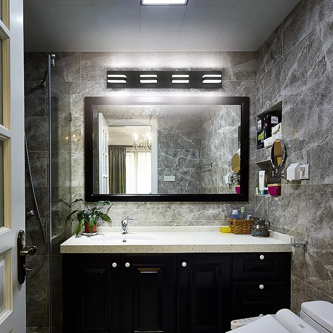 SOLFART Black Bathroom Light Fixtures 4 Lights Bathroom Vanity Light LED Dimmable Matt Black Vanity Lights 32W Cool White 6000K & 0%-100% Brightness Dimmable