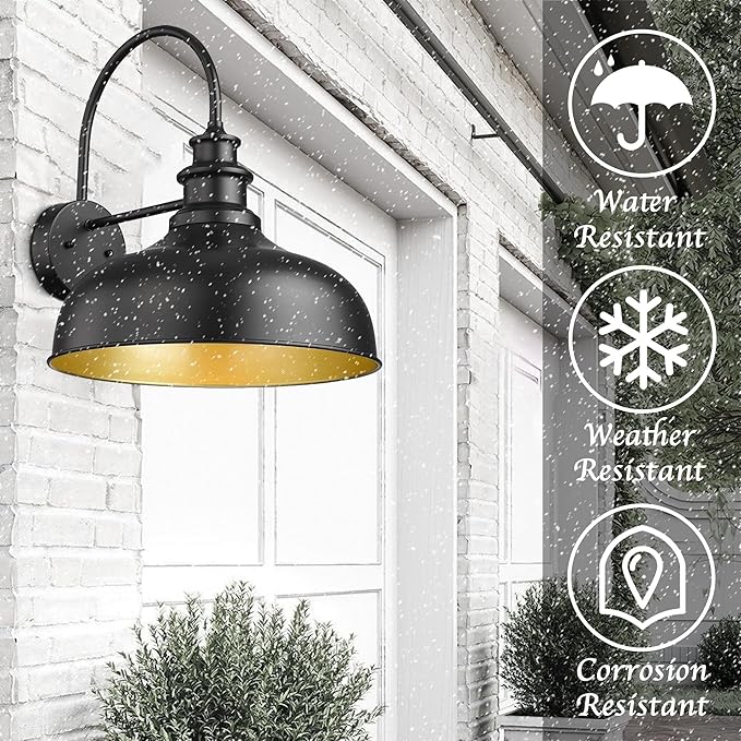 Bestshared Large Farmhouse Barn Lights 16 Inch Dome Outdoor Wall Lighting Fixture Industrial Vintage Sconces Lighting, Exterior Mount Light, Black Outdoor Wall Lantern for Porch (1Pack, Black+ Gold)