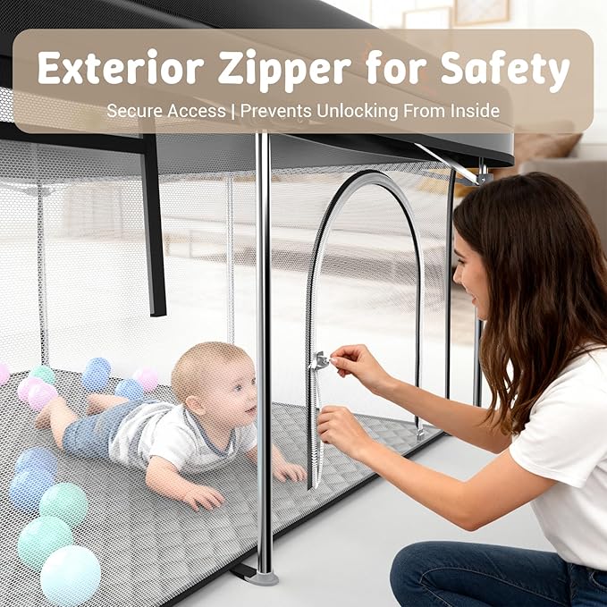 Foldable Baby Playpen 50x50 Inch, Portable Play Yard for Babies & Toddlers, Safety Fence Play Area with Mat, Balls, Pull Rings & Carry Bag, Indoor Outdoor Baby Activity Center, Black