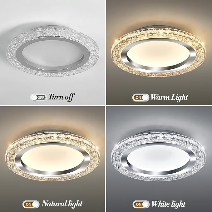 UOFUS 32W LED Flush Mount Ceiling Light Chrome 15.7inch Modern Round Ceiling Light Fixture 3000K-6000K Super Bright Circle Ceiling Lamp for Bedroom Kitchen Dining Room Entryway Hallway Foyer