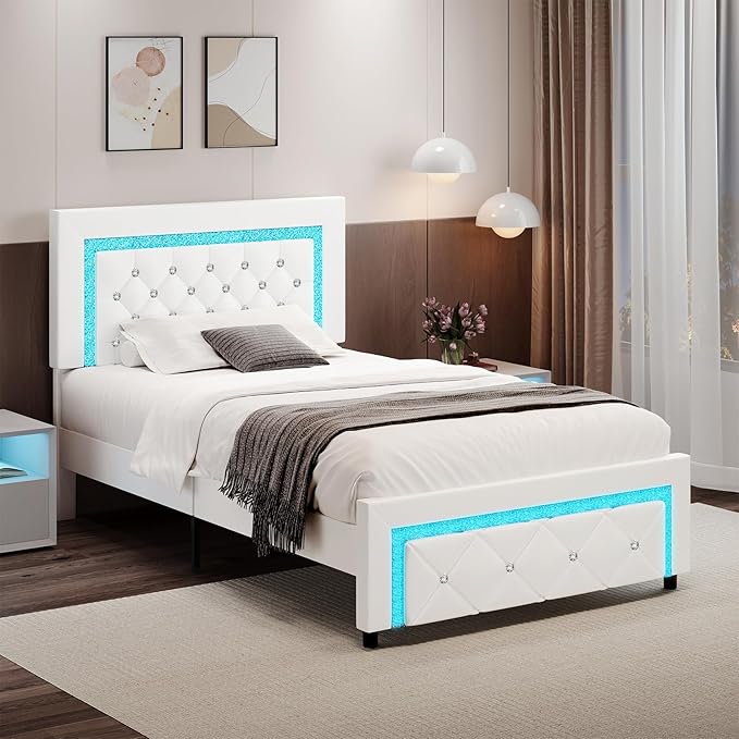 Twin Bed Frame with LED Lights, Upholstered Platform Bed with Diamond Tufted Headboard, No Box Spring Needed, Noise Free, Easy Assembly, White