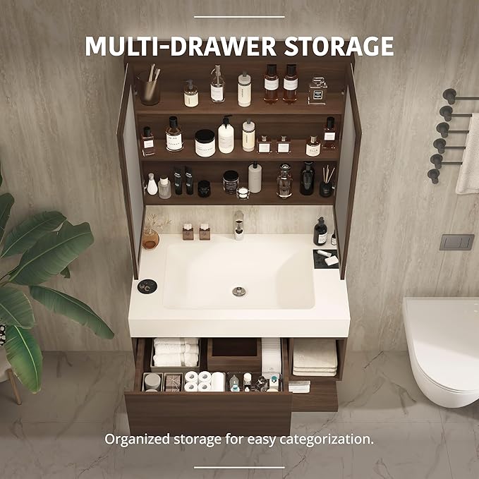 36" Modern Floating Bathroom Vanity Set with Sink, LED Smart Mirror Cabinet, Soft-Close Drawer and Open Storage Shelves, Walnut