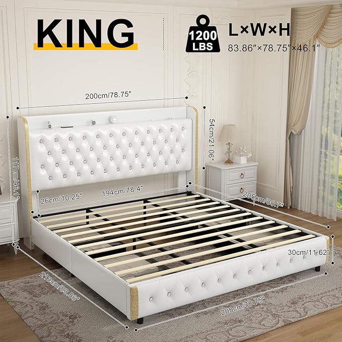 King Led Bed Frame with Galaxy Projector, Wingback Modern Platform, 4 Storage Drawers, USB Ports, No Box Spring Needed & Noise-Reduction Sturdy Wood Slats, PU White