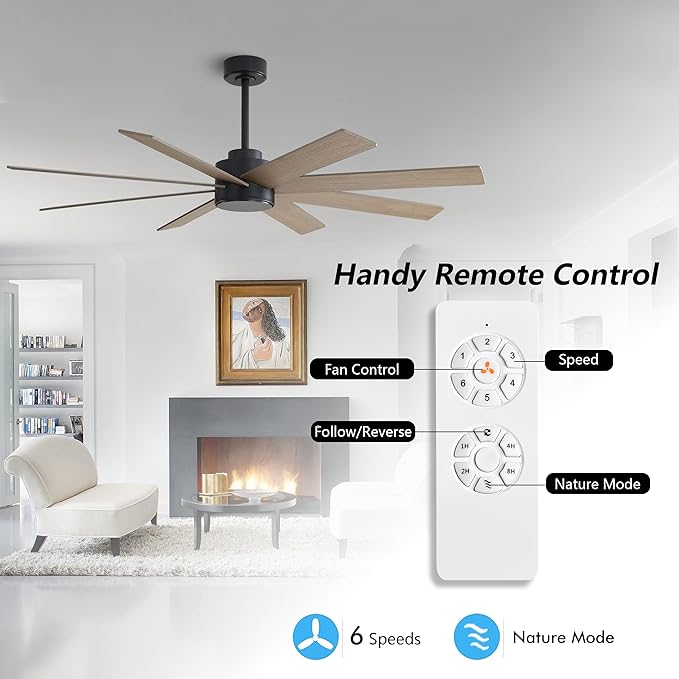 WINGBO 60" Large DC Ceiling Fans without Lights, 3 Downrods, 8 Plywood Blades, 6-Speeds Reversible DC Motor, Indoor Ceiling Fan No Lights for Bedroom Living Room Patio, Black and Gray