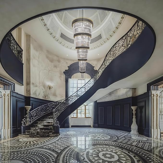 Extra Large 9-Tier Black and Gold Chandelier Long Staircase Chandeliers Luxury Empire Crystal Chandelier Lighting for High Ceiling Foyer Entryway Grand Hotel Lobby 31-Light H84 x W40