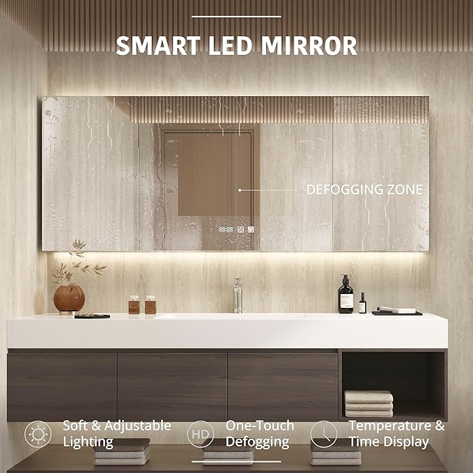 60" Modern Floating Bathroom Vanity Set with Sink, Side Cabinet, LED Smart Mirror Cabinet, 3 Soft-Close Drawers & Open Storage Shelves, Grey Oak