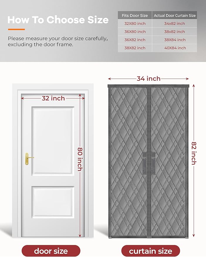 Insulated Door Curtains for Doorways/Front/Back/Basement, Fit Size up to 32 x 80 Inches, Magnetic Thermal Door Cover for Winter, Oxford Filled with Thick Cotton to Keep Warm, Grey, Diamond