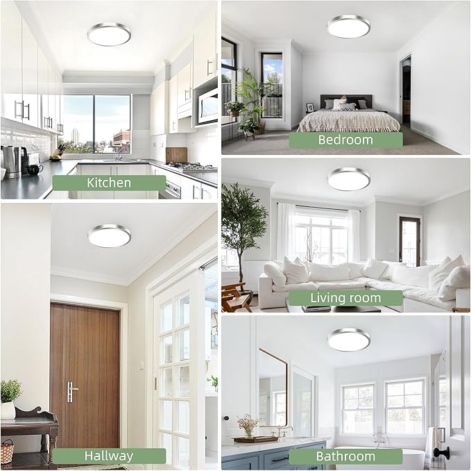 hykolity 2 Pack 12 Inch Selectable CCT LED Round Flat Panel Light, 24W 3000K/4000K/5000K, Edge-Lit Flush Mount Ceiling Light Fixture for Kitchen, Bedroom, Laundry and Closet Room,Brush Nickel