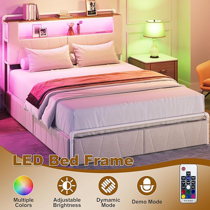 Queen Bed Frame with Storage Drawers, Upholstered Headboard with Charging Station & LED Lights, Metal Platform Bed Frame Queen Size, Noise Free, No Box Spring Needed, Easy Assembly, Beige