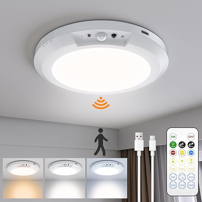 Motion Sensor Ceiling Light,Cordless Closet Light Battery Operated,3 Color Temperatures,Remote Control,Rechargeable Magnetic Mount LED Shower Lights for pantry,Stairs,Garage,Hallway (White 1 pack)