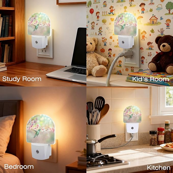 Hummingbird with Pink Flowers Night Light, Dusk-to-Dawn Auto Sensor Plug in Night Light for Kids, 0.5W Energy Saving LED NightLights for Bedroom/Bathroom, Ideal Gifts for Women Men