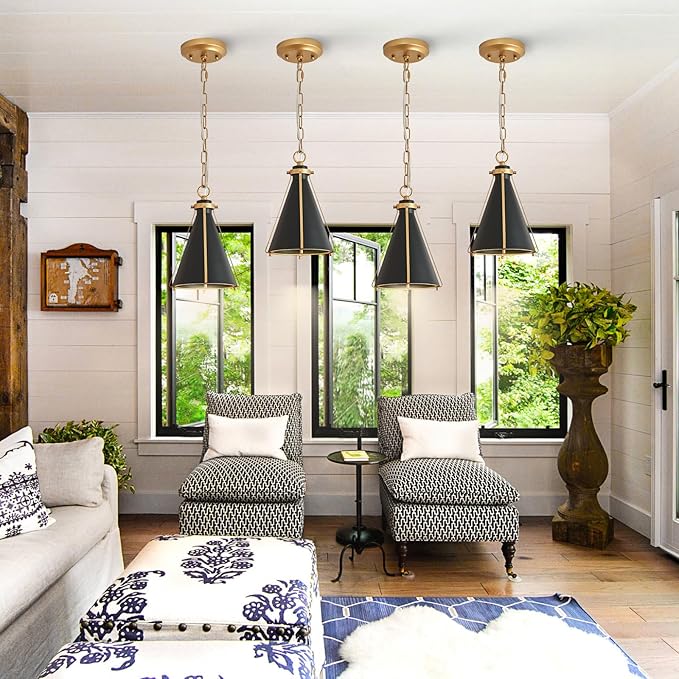 Modern Black Gold Pendant Light Small 7.25'' Metal Cone Pendant Light Fixture for Kitchen Island Sink Bar Bedroom Breakfast Nook Dining Room Hallway