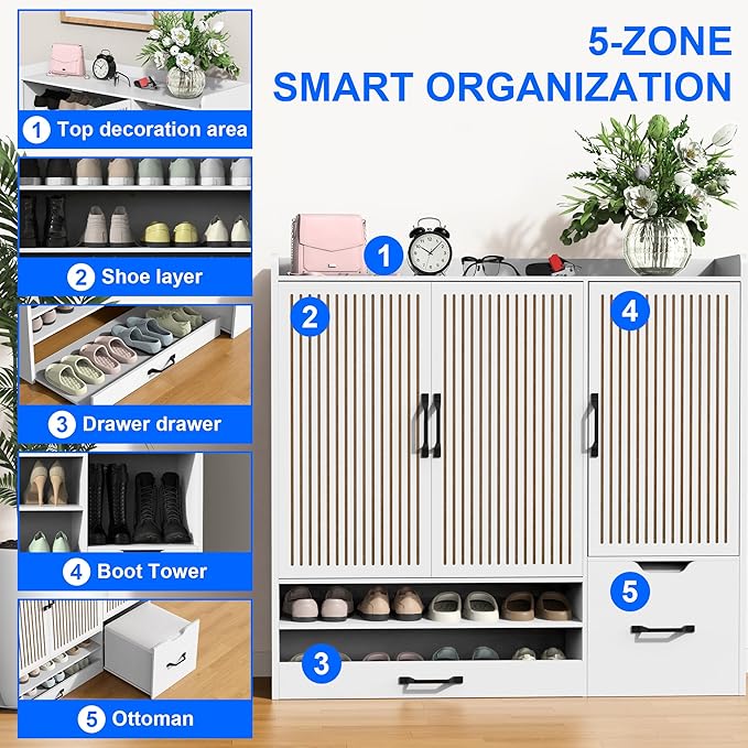 Shoes Storage Cabinet with 3 Doors,Fluted Shoe Cabinet with LED Light,Hidden Shoe Bench with Storage Freestanding Shoe Organizer Cabinet for Entryway,Hallway