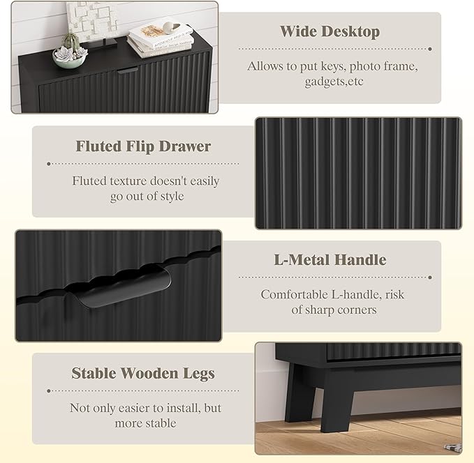 Shoe Cabinet Storage for Entryway with 2 Flip Drawers, Fluted Narrow Shoe Organizer with Wooden Legs, Freestanding Slim Shoe Storage Hidden Shoe Rack Organizer for Front Door Entrance, Black