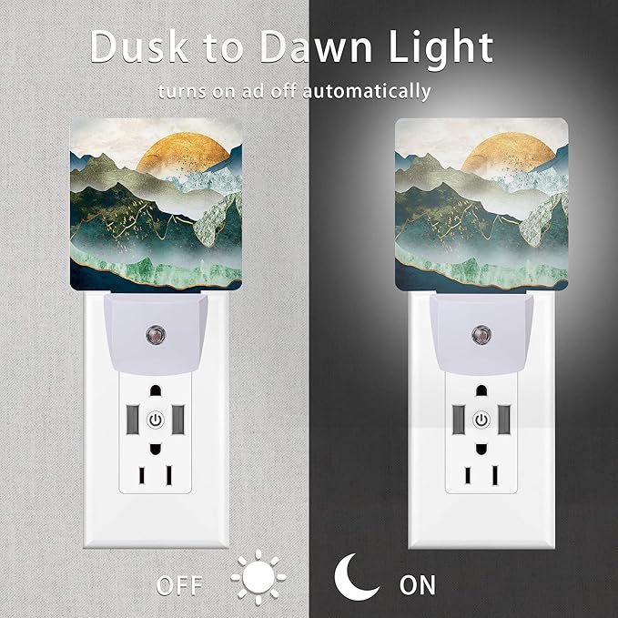 Mountain Night Light,Green Mountains Golden Sunset Plug in Night Lights Auto LED Lamp Energy Saving Square Lights for Boys Girls Men Women