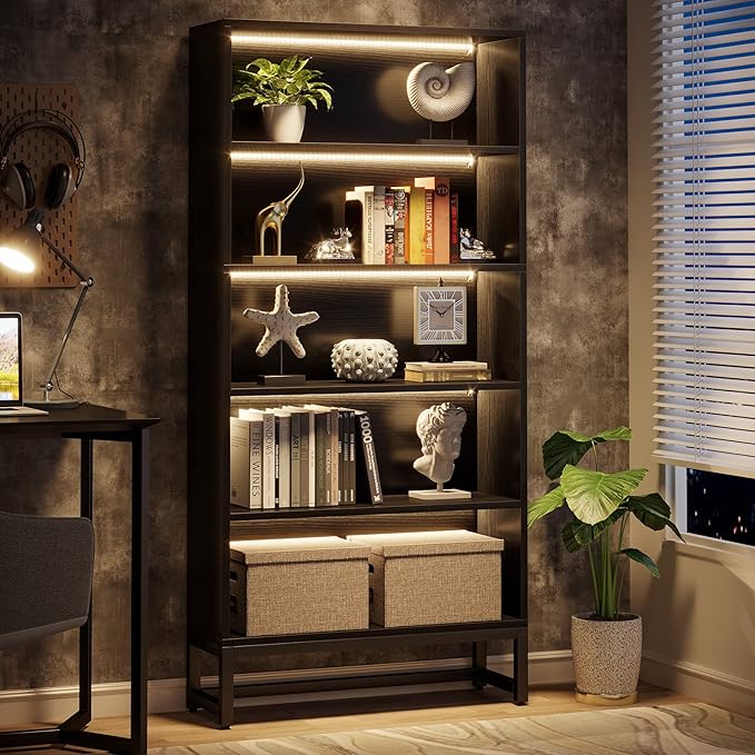 Tribesigns Tall Bookcase Black Bookshelf, 70.8” Large Bookcases Organizer with LED Lights, Heavy Duty Free-Standing Library Bookshelf with 5-Tier Storage Shelves for Living Room, Bedroom (Black)