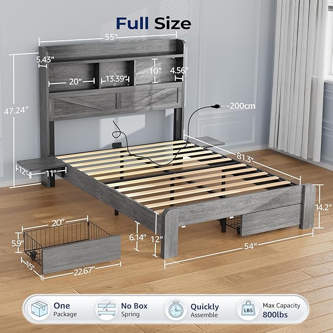 Full Size Bed Frame with 2-Tier Storage Headboard, LED Lights, Charging Station, 2 Drawers, 800lbs Capacity, Wood & Metal Platform, Noise-Free, No Box Spring Needed, Barn Door Design