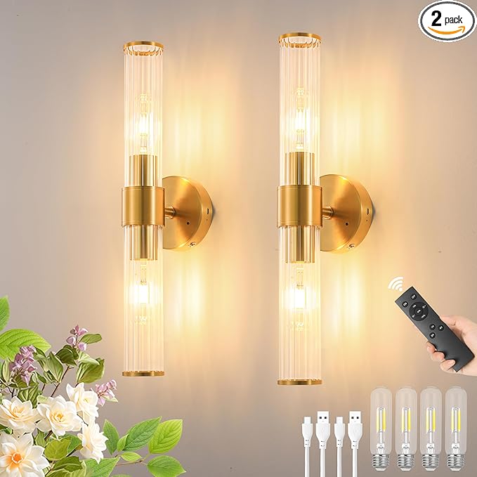 Gold Battery Operated Wall Sconces Set of Two, Rechargeable Wall Sconce with Dimmable Remote Control, 20 Inch Wireless Sconce Wall Light for Bedroom, Living Room (Bulbs Included)