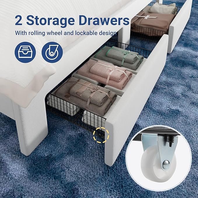 Allewie Velvet Vertical Tufted Queen Upholstered Platform Bed Frame with 2-Tier LED Storage Headboard & 2 Storage Drawers, USB & Type-C Charging Ports, Noise-Free/No Box Spring Needed, White
