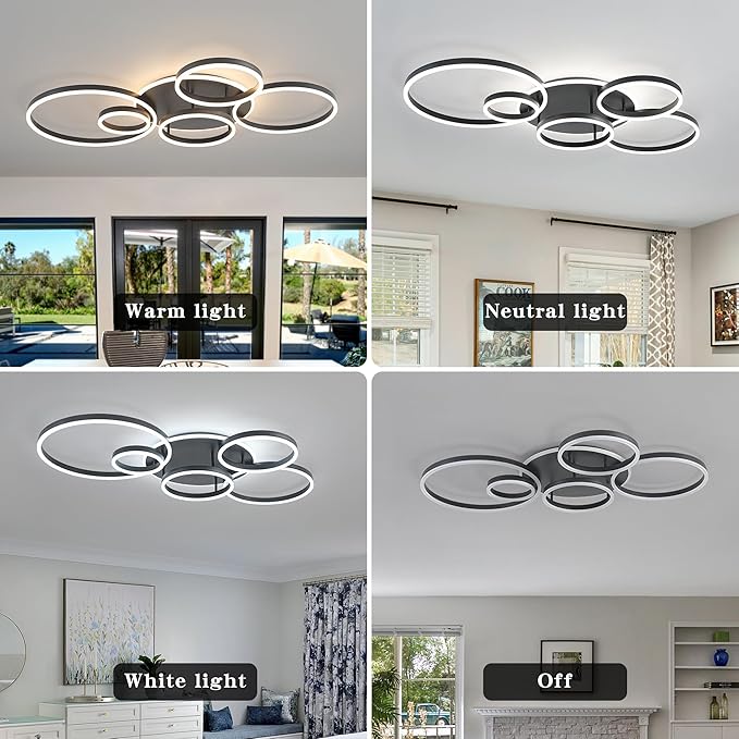 O'NEELDY Black Flush Mount Ceiling Light Dimmable Dining Room Light Fixture Round 6 Rings Modern LED Ceiling Light with Remote Control 47" Kitchen Lighting Fixture Ceiling Lamp for Living Room,Bedroom