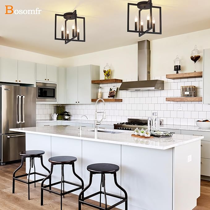 Semi Flush Mount 4-Light Black Ceiling Light, Modern Farmhouse Industrial Light with Geometric Metal Shade, Kitchen, Hallway, Bathroom