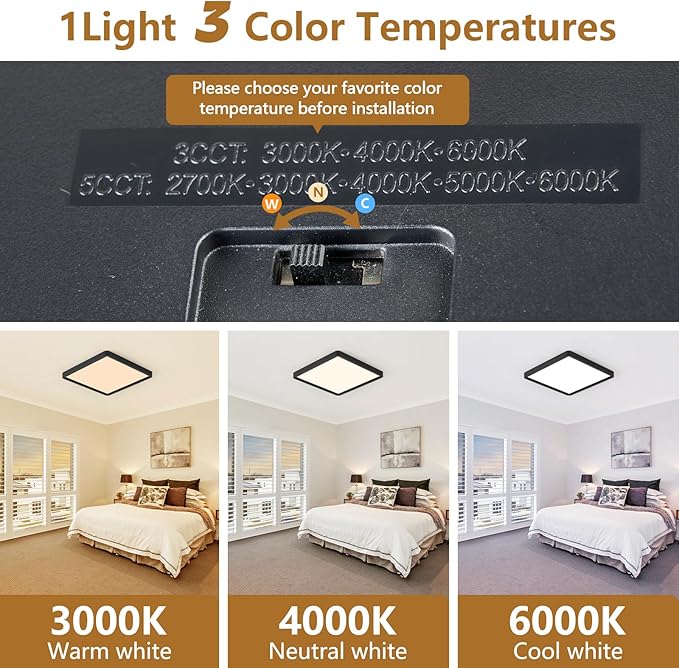 20 Inch Square LED Flush Mount Ceiling Light, 50W, 5000LM 3000K/4000K/6000K CCT Selectable, Large Square LED Flat Panel Ceiling Light Fixture for Bedroom,Kitchen,Living Room (Black 1PK)