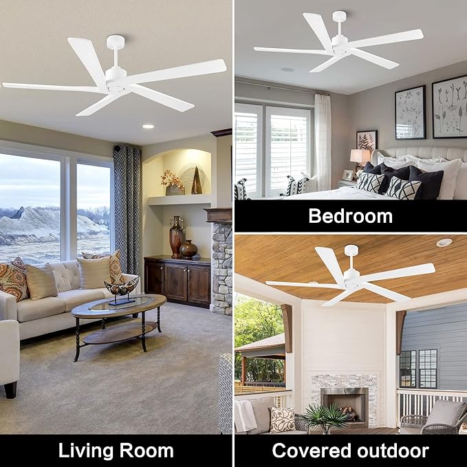 WINGBO 54 Inch DC Ceiling Fan without Lights, 5 Reversible Carved Solid Wood Blades, 6-Speed Noiseless DC Motor, Modern Ceiling Fan No Light for Bedroom Living Room Kitchen, White