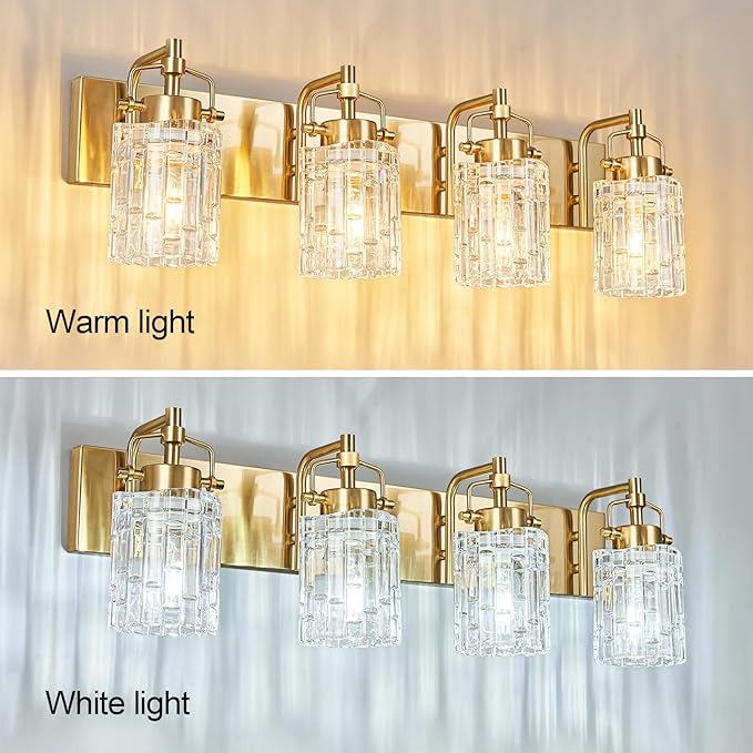 Modern 4-Light Vanity Light with Crystal Glass Shade - Gold Bathroom Light Fixture